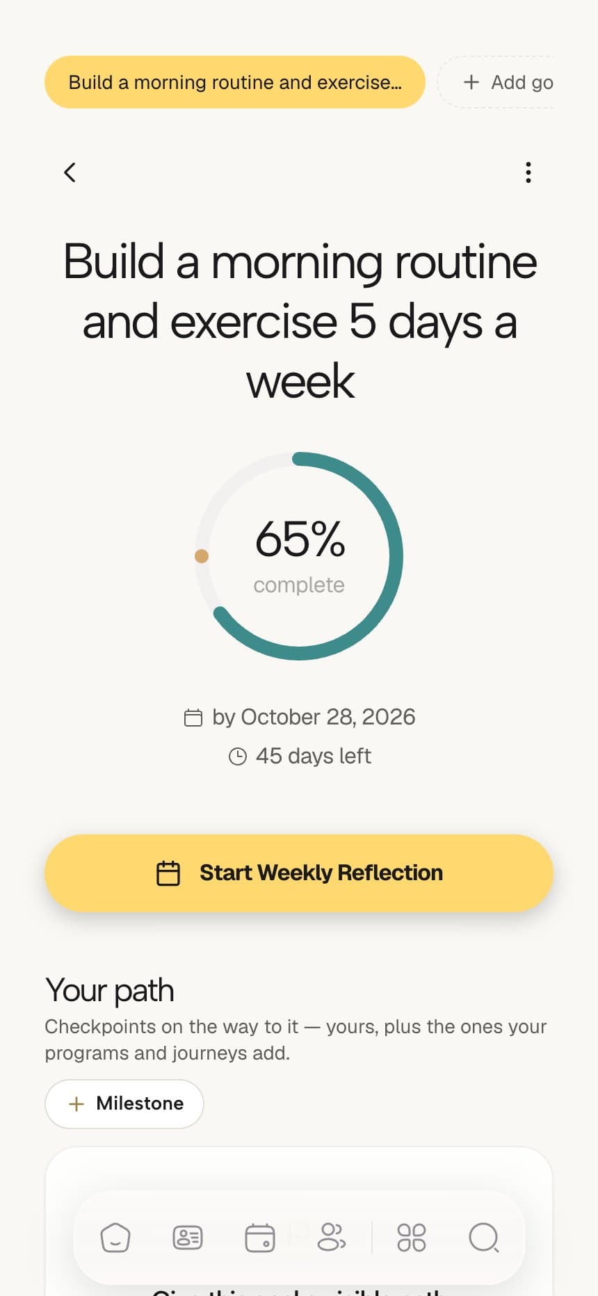 The Coachful client app on a phone: a goal detail page with a morning routine goal at 65% on a circular progress ring, its deadline, a weekly reflection button and a milestones section