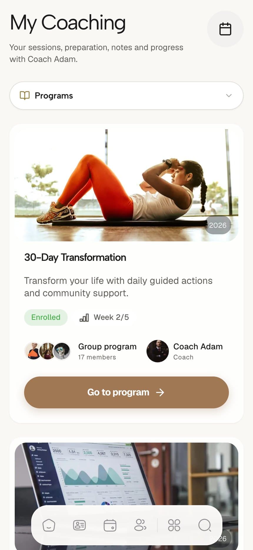 The Coachful client app on a phone showing the 30-Day Transformation program page with enrolment status, week 2 of 5 progress, a group of 17 members, the coach name and a Go to program button