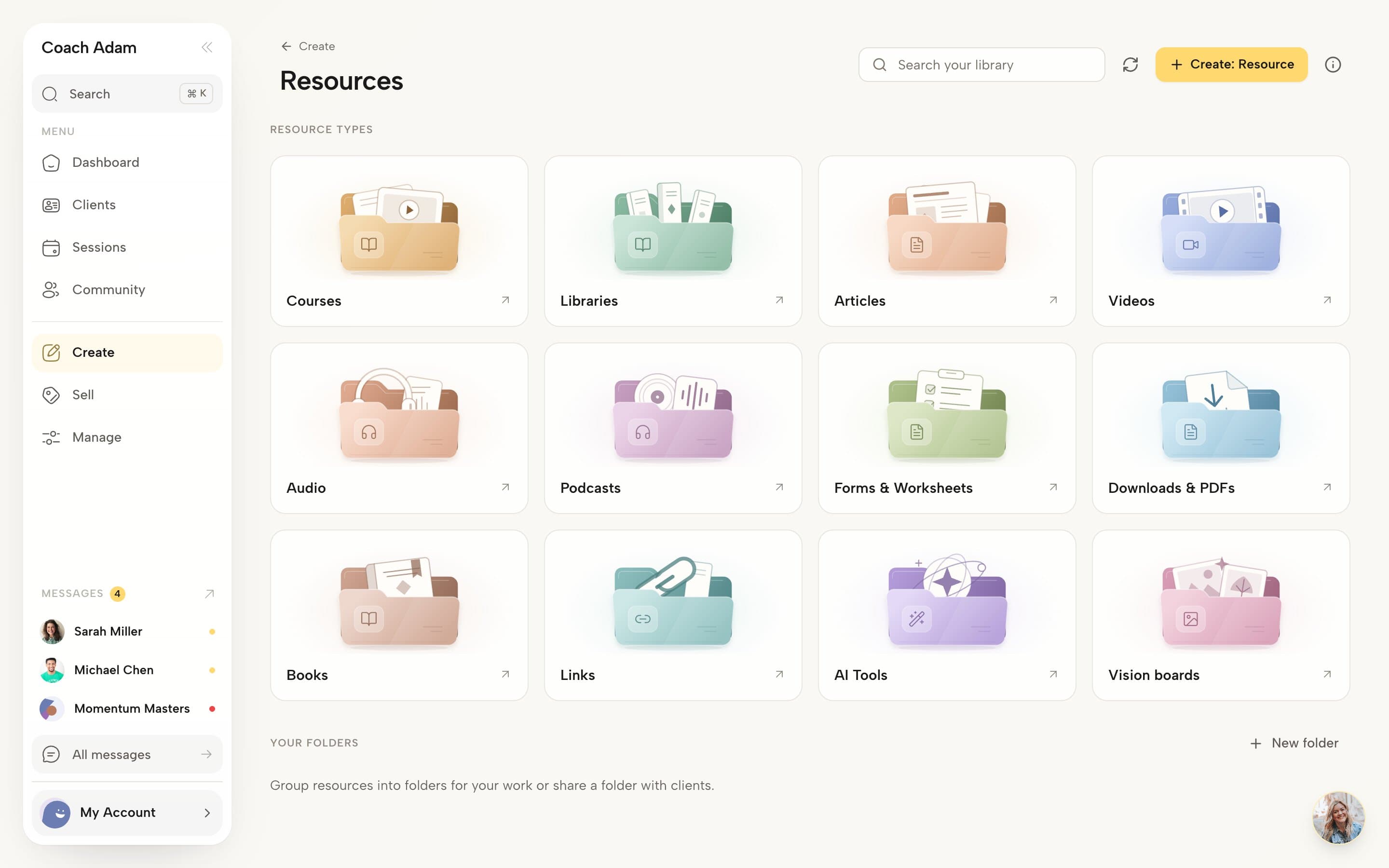 Coachful resources page showing twelve content types including courses, libraries, articles, videos, audio, podcasts, forms, downloads and books