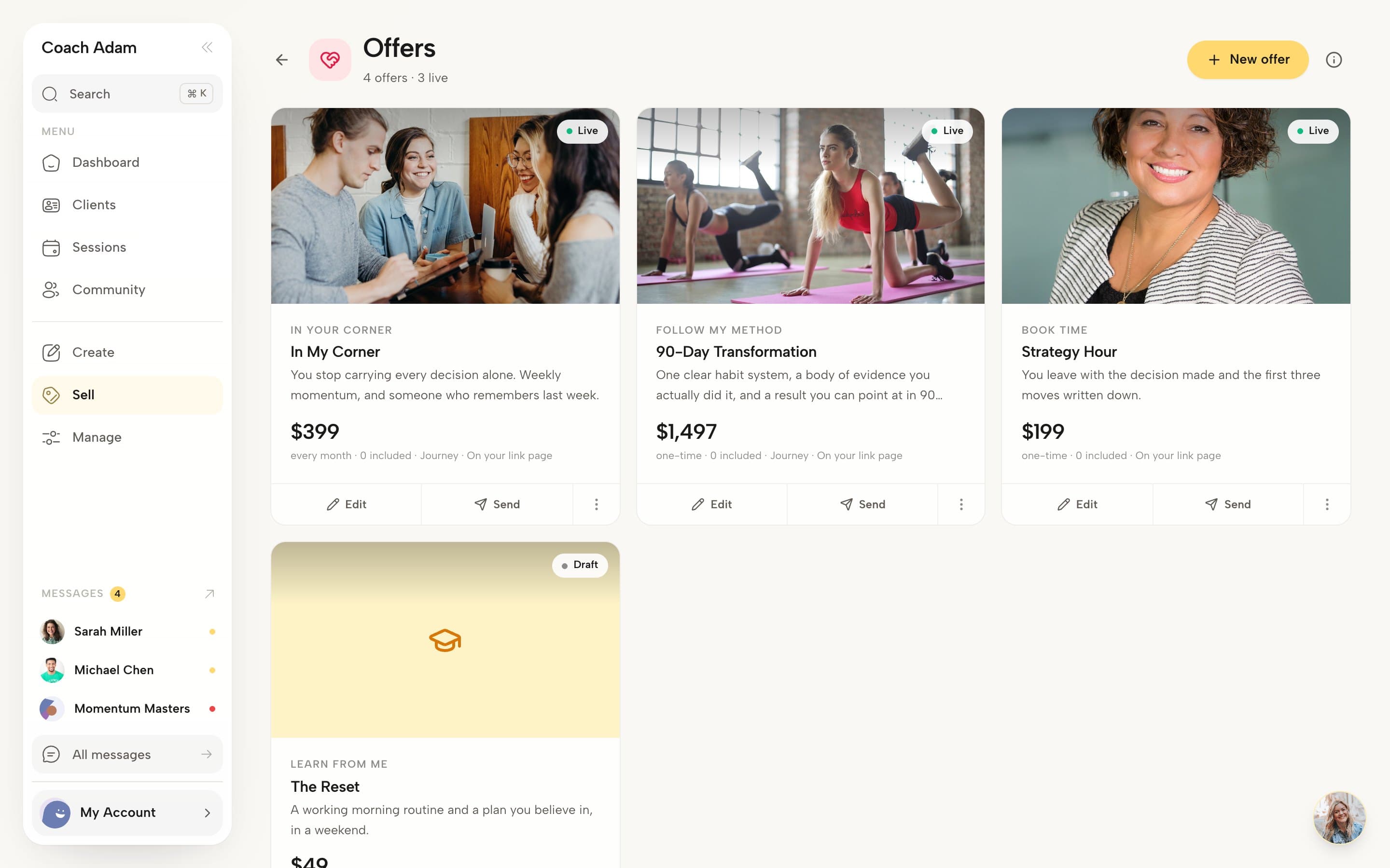 The Coachful Offers page on desktop: three live offer cards with cover photos, In My Corner at $399 a month, 90-Day Transformation at $1,497 one-time and Strategy Hour at one-time, plus a draft offer called The Reset, each with Edit and Send buttons