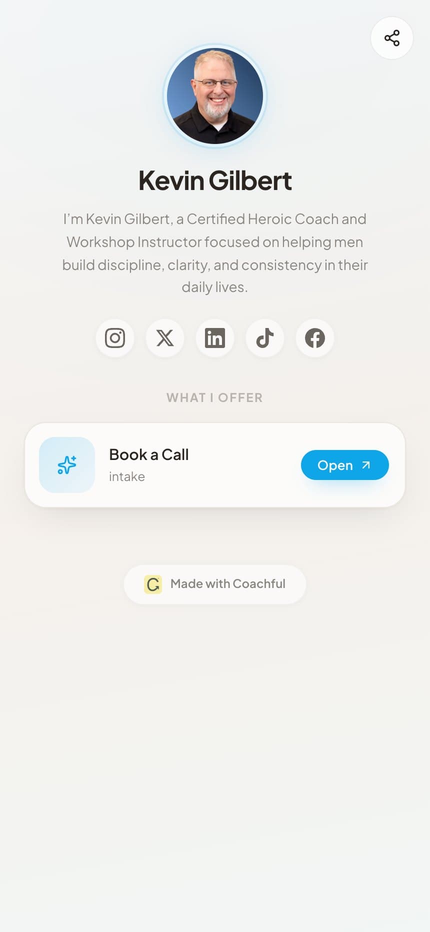 A Coachful link-in-bio page on a phone: the coach’s photo, name and short bio, a row of social icons, and a Book a Call offer with an Open button