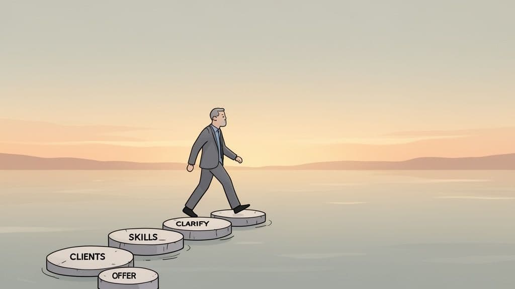 A professional walks on stepping stones with business terms like "SKILLS" and "CLIENTS" across water.
