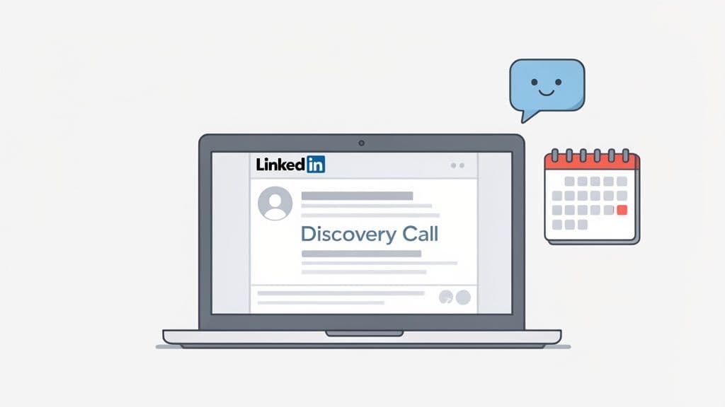 A laptop screen displays a LinkedIn message for a 'Discovery Call', accompanied by a calendar and a happy message icon.