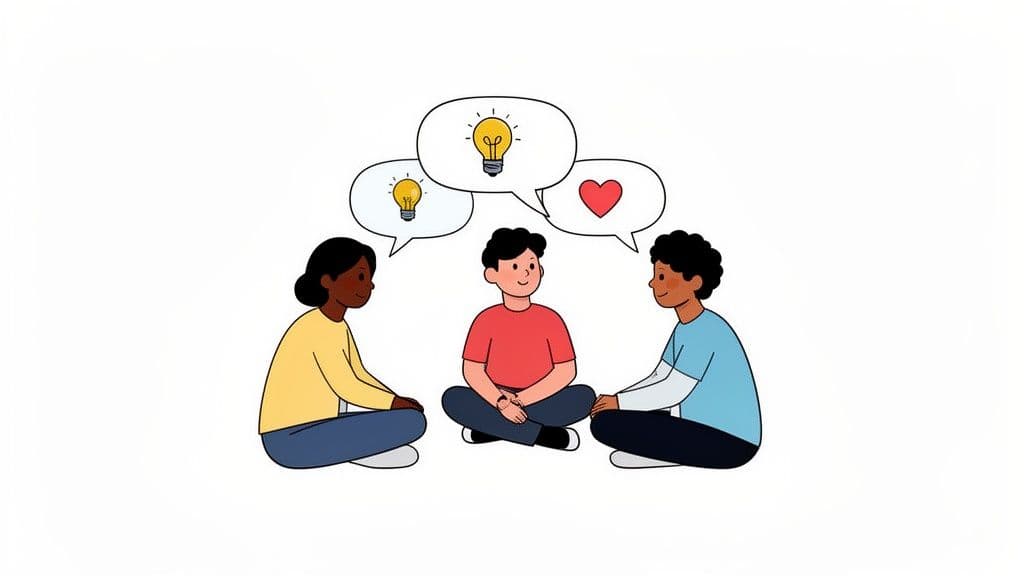 Three diverse people sitting in a circle, sharing ideas and emotions through thought bubbles.
