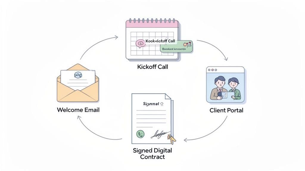 A diagram illustrating the client onboarding process with steps: Welcome Email, Kickoff Call, Client Portal, and Signed Digital Contract.