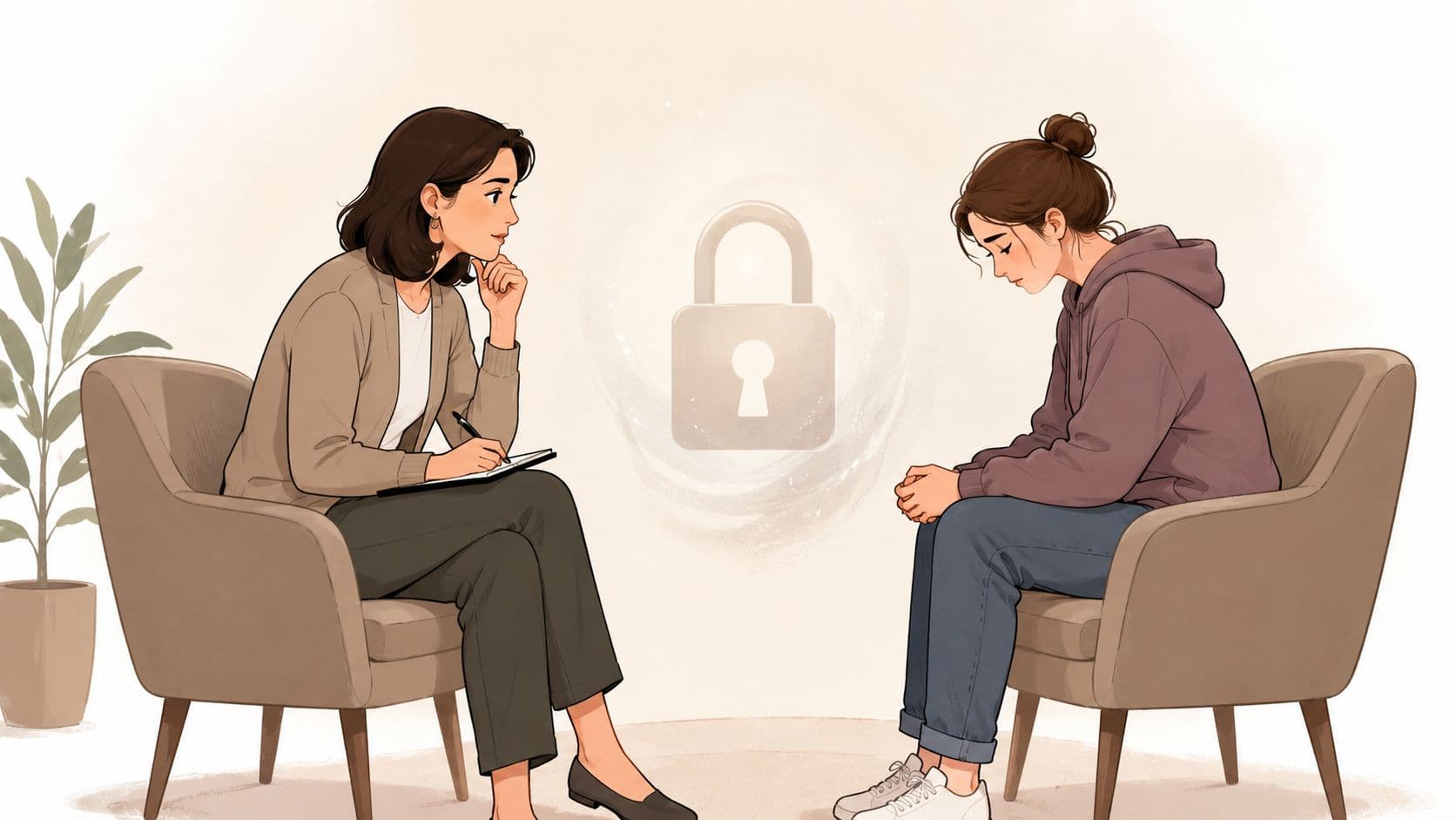A professional therapist listening to a patient in an office with a large lock symbol floating nearby.