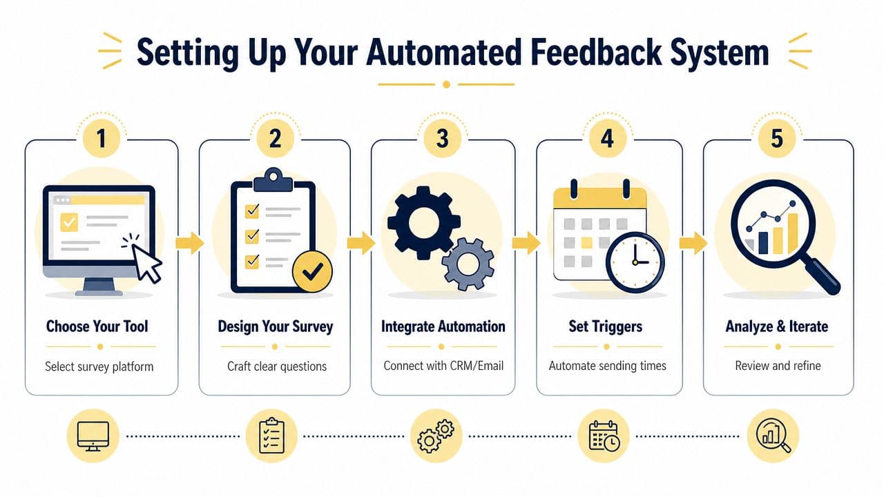 A five-step infographic showing the process for setting up an automated customer feedback system for businesses.