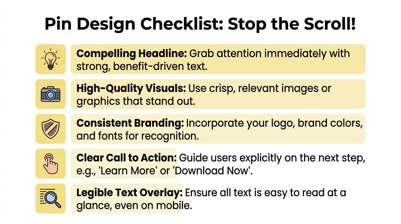 A checklist infographic titled Pin Design Checklist: Stop the Scroll listing five essential tips for Pinterest success.