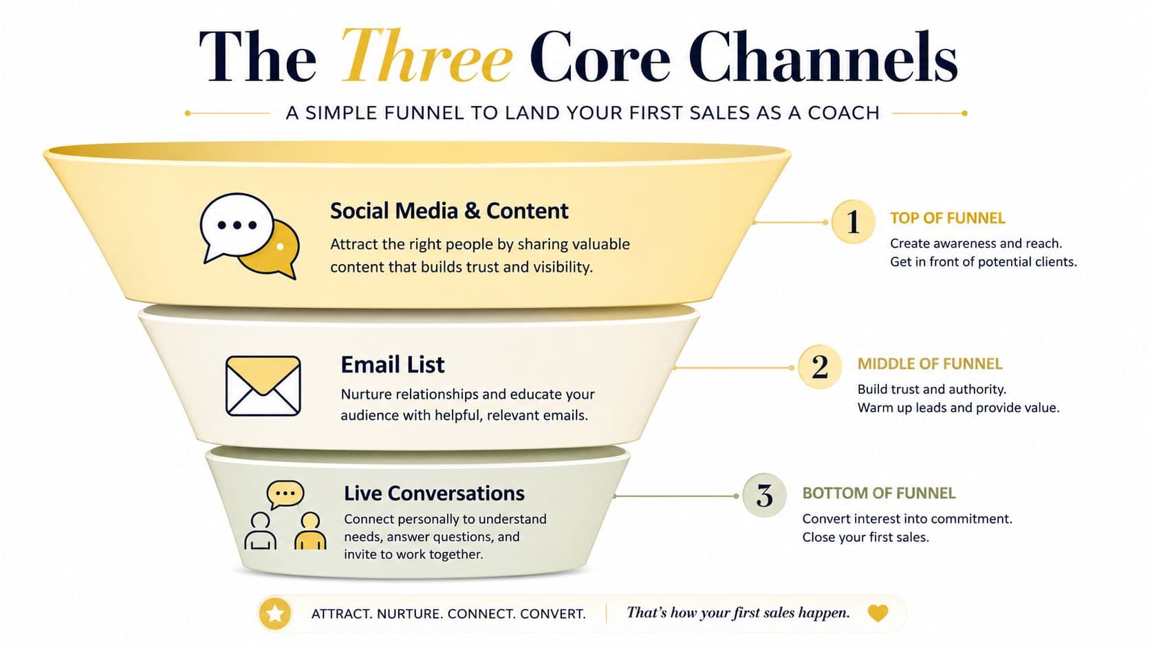 A funnel diagram illustrating three core sales channels for coaches: social media, email lists, and live conversations.