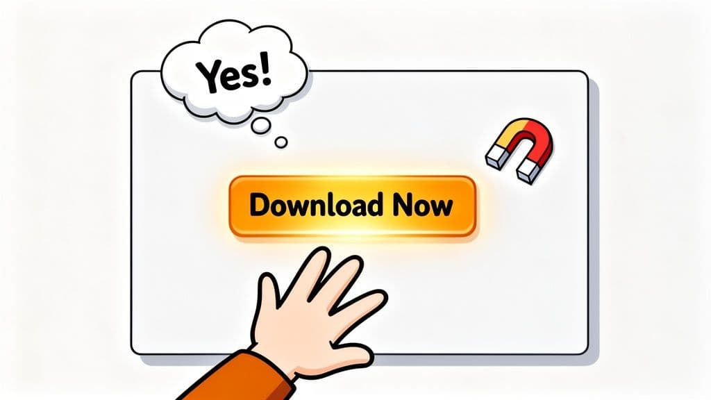 A hand reaching to press a glowing orange download now button next to a magnet illustration.