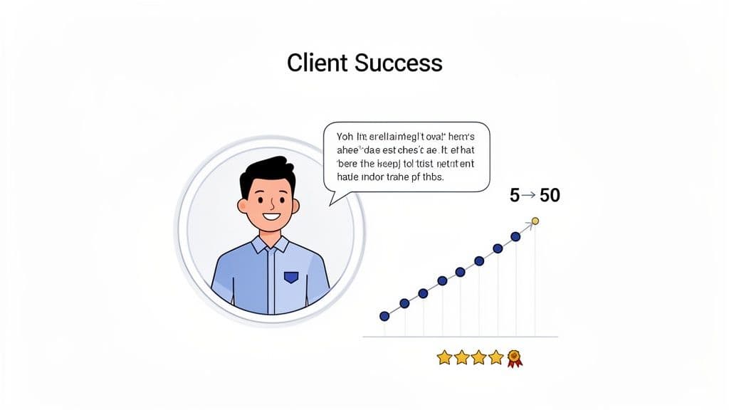 An illustration showing client success with a happy man, a growth graph, and positive reviews.