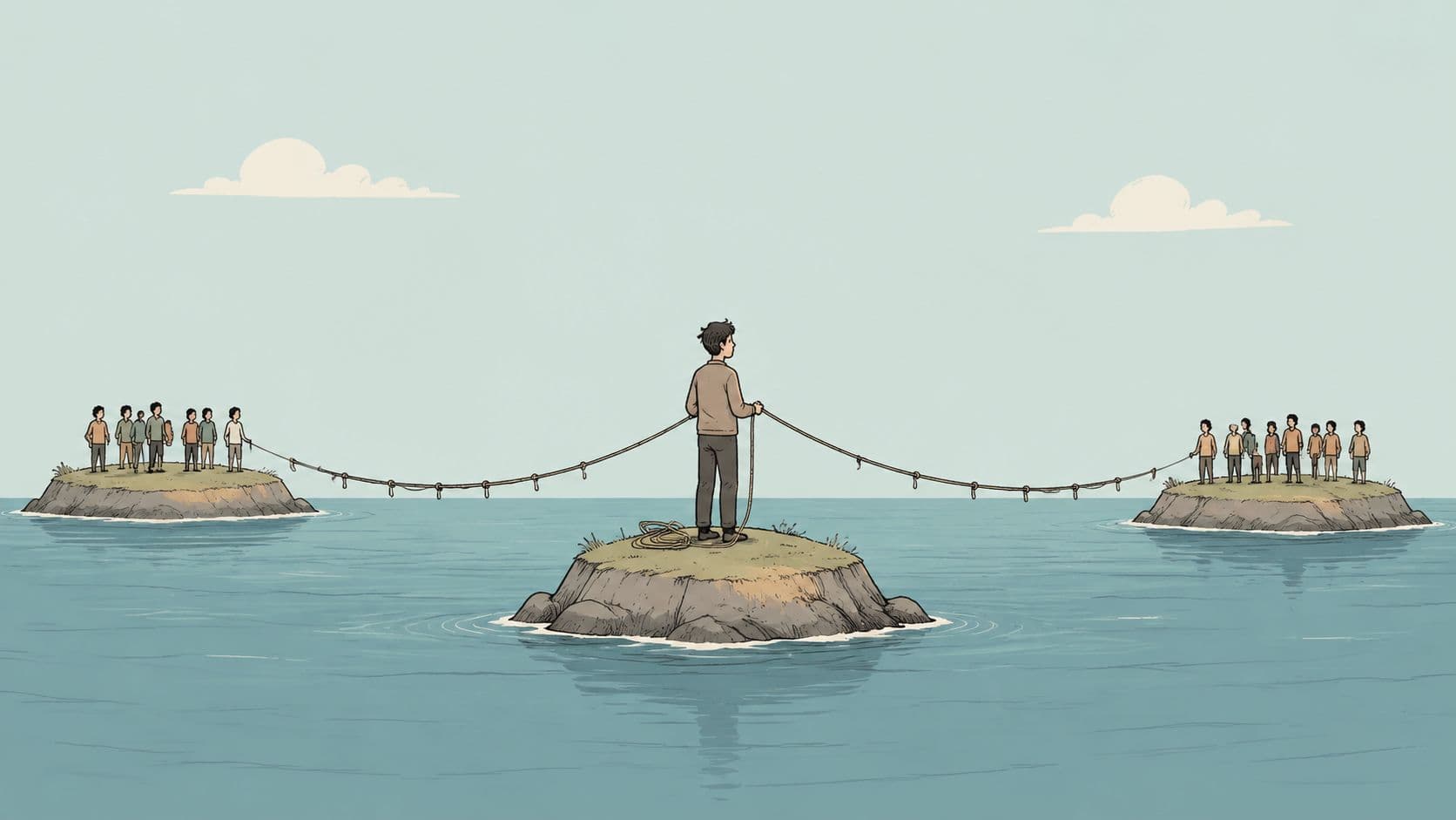 A person standing on a central island holds ropes connecting to two separate groups on side islands.