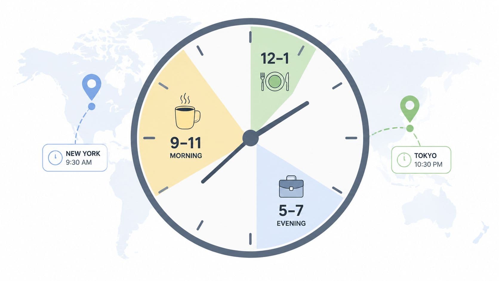 A clock graphic displaying different times for morning, lunch, and evening across world zones like New York and Tokyo.