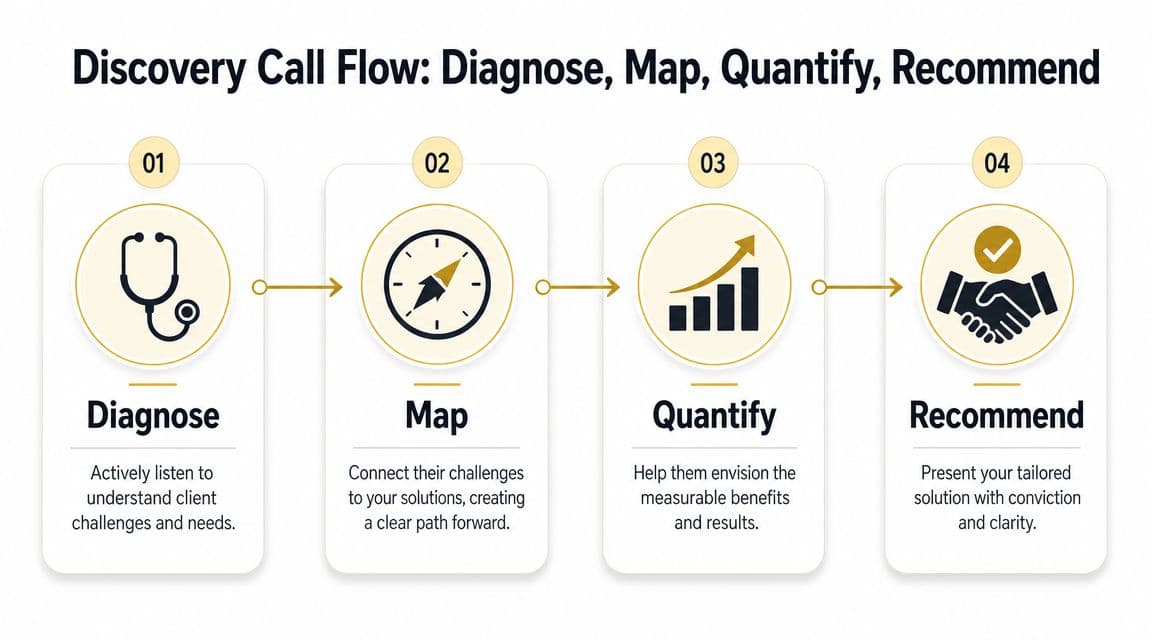 A flowchart infographic outlining four steps for a discovery sales call: Diagnose, Map, Quantify, and Recommend.