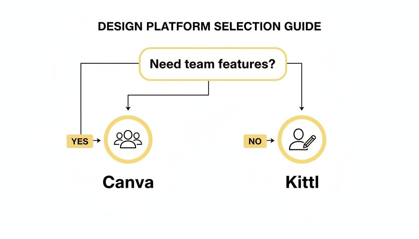 A design platform selection guide flowchart showing Canva for team features and Kittl for individual use.