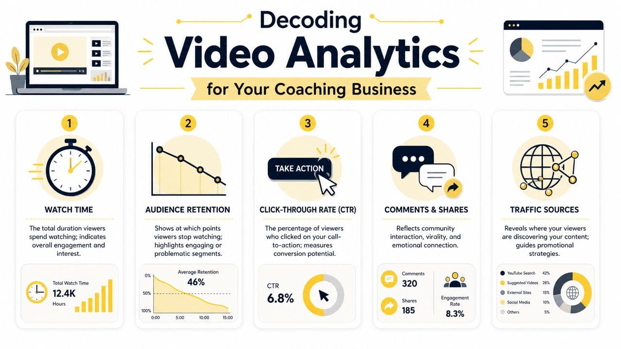 An infographic titled Decoding Video Analytics for Your Coaching Business, illustrating key metrics like watch time and retention.