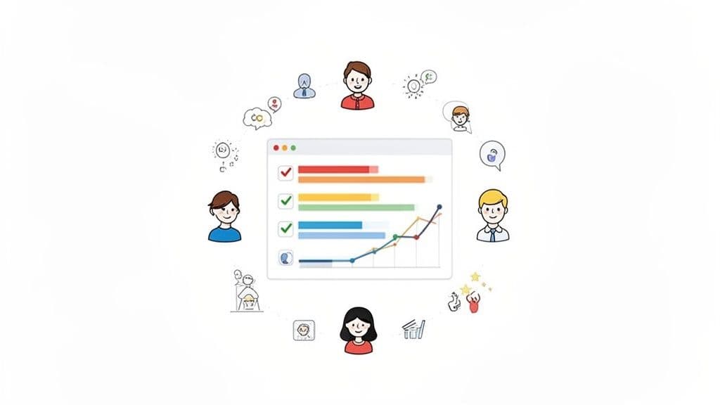 Stylized illustration of diverse people and their ideas connected to a central data analysis screen.