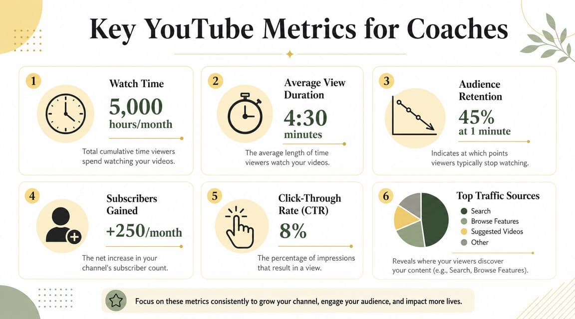 An infographic detailing six essential YouTube metrics for coaches, including watch time, subscribers, and traffic sources.