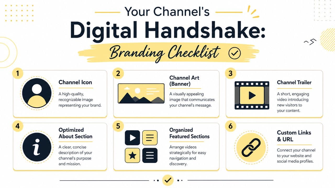 A YouTube channel branding checklist infographic outlining six essential steps for creating a professional online presence.