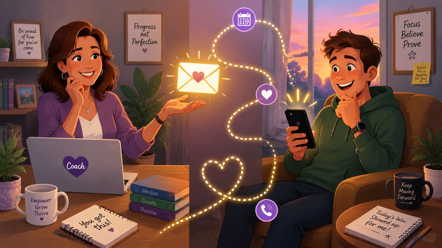 A life coach and her client connecting through digital communication methods for professional personal development support.