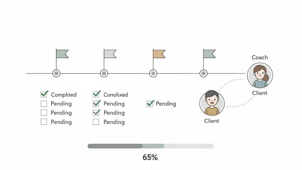 Project timeline with milestones, task checklists showing completed and pending items, and coach-client interaction, with 65% progress.