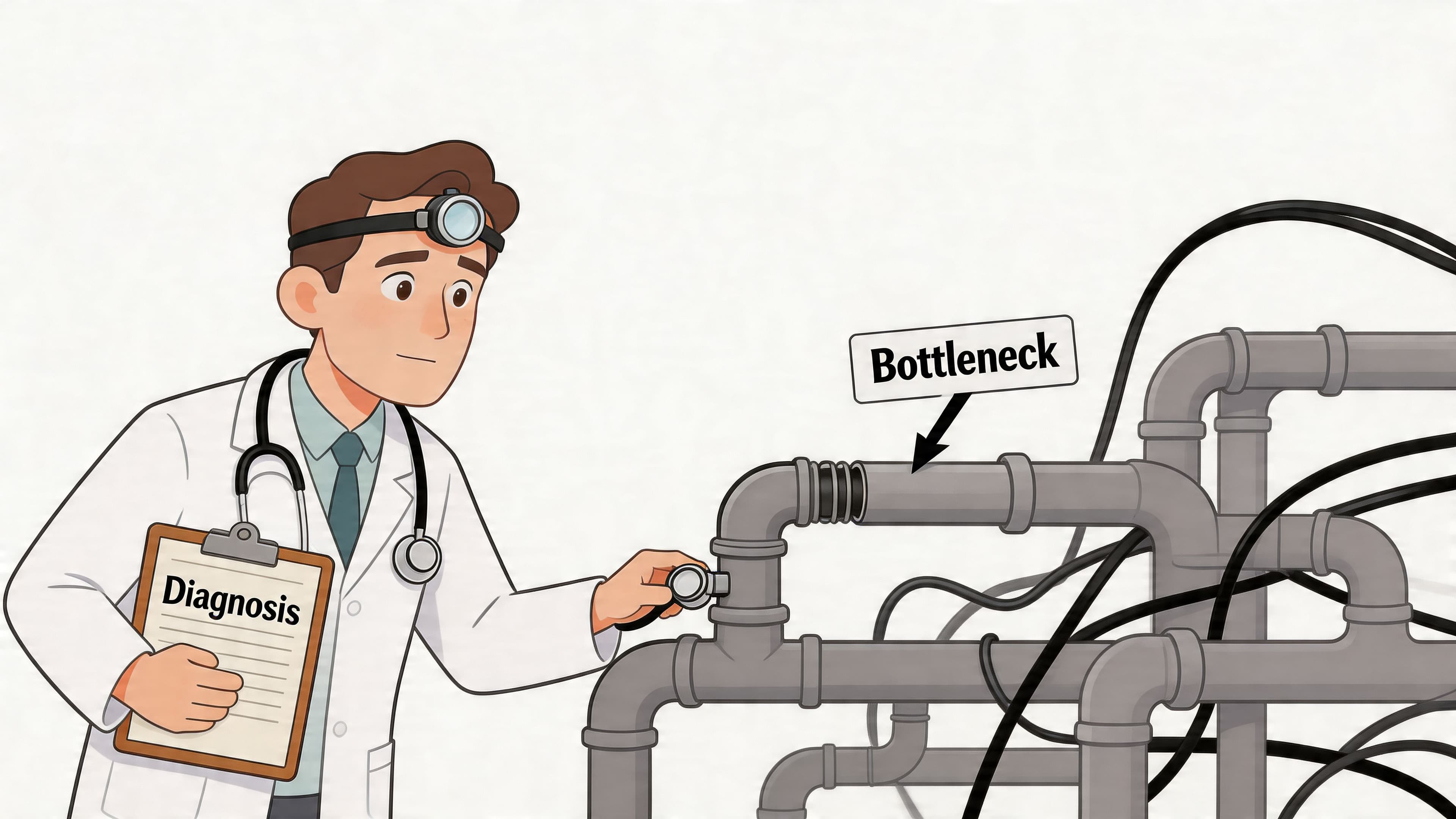 A doctor examines a complex piping system with a stethoscope to diagnose a bottleneck in the flow.