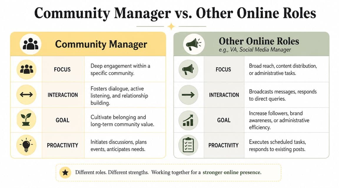 A comparison chart showing the differences between community manager roles and other online roles like social media managers.