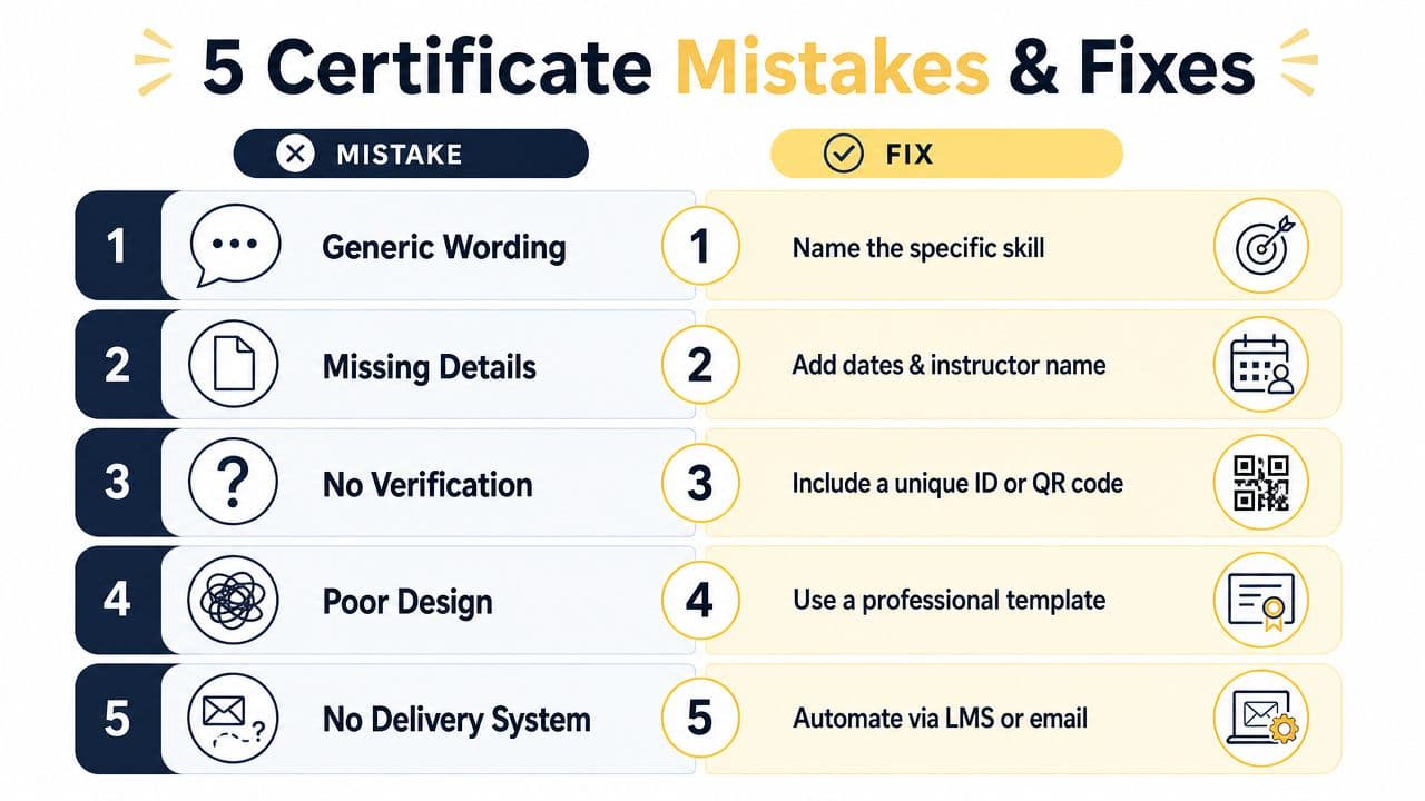A list graphic titled 5 Certificate Mistakes and Fixes comparing common errors with professional solutions.