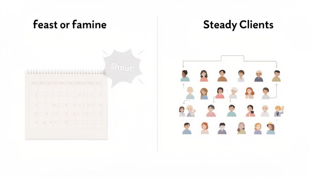 An image contrasting feast or famine client acquisition with a network of steady, diverse clients.