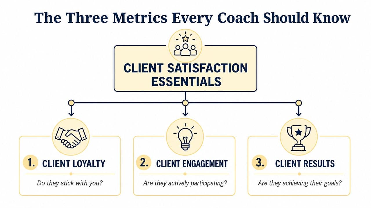 A diagram illustrating three key client satisfaction metrics for coaches: client loyalty, client engagement, and client results.