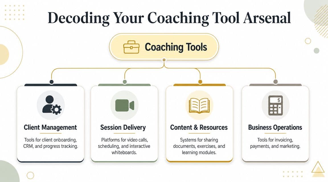 An infographic titled Decoding Your Coaching Tool Arsenal showcasing four main categories of essential professional coaching software tools.