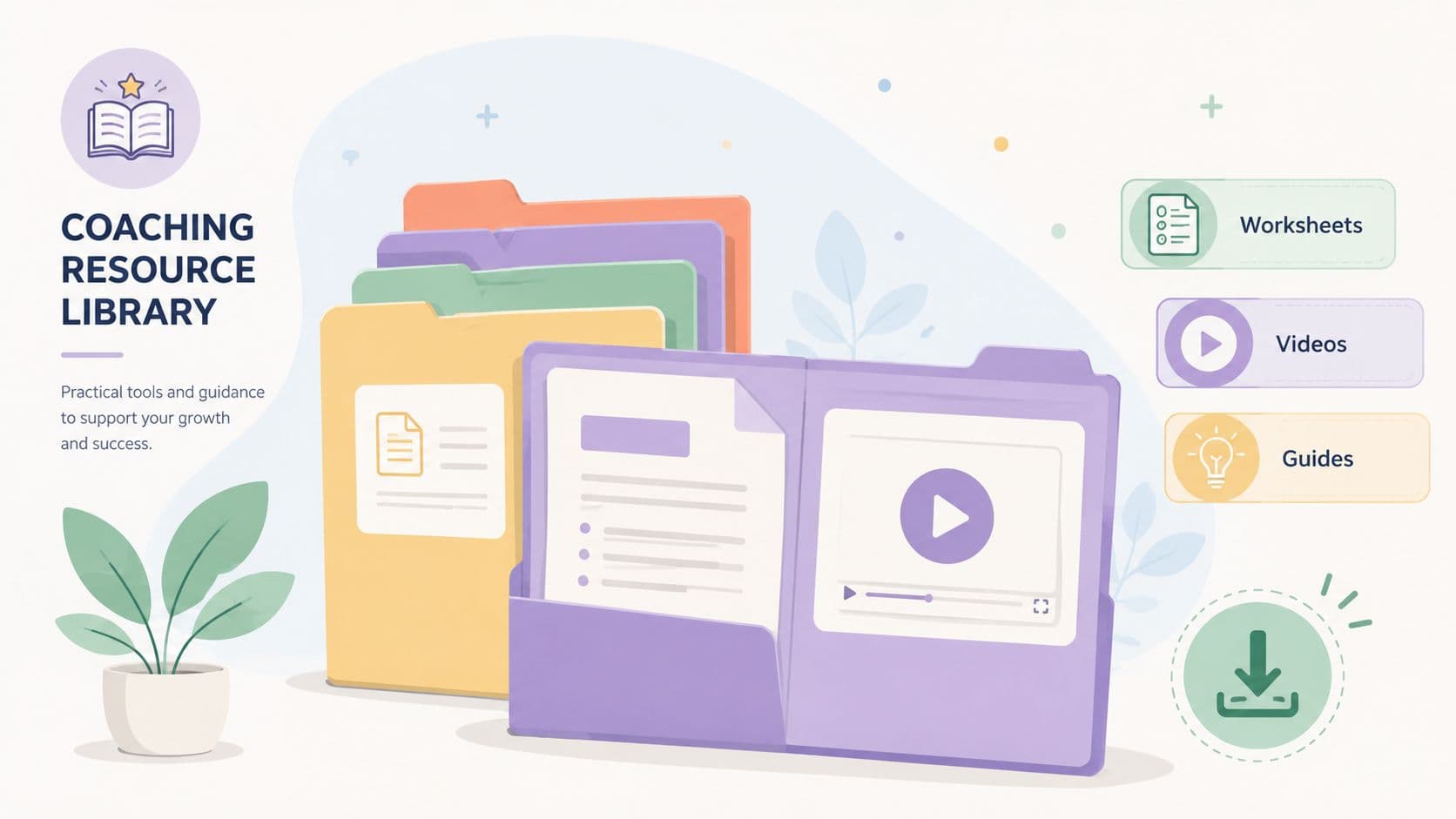 A colorful illustration of a coaching resource library with folders, worksheets, videos, and guides for goal achievement.