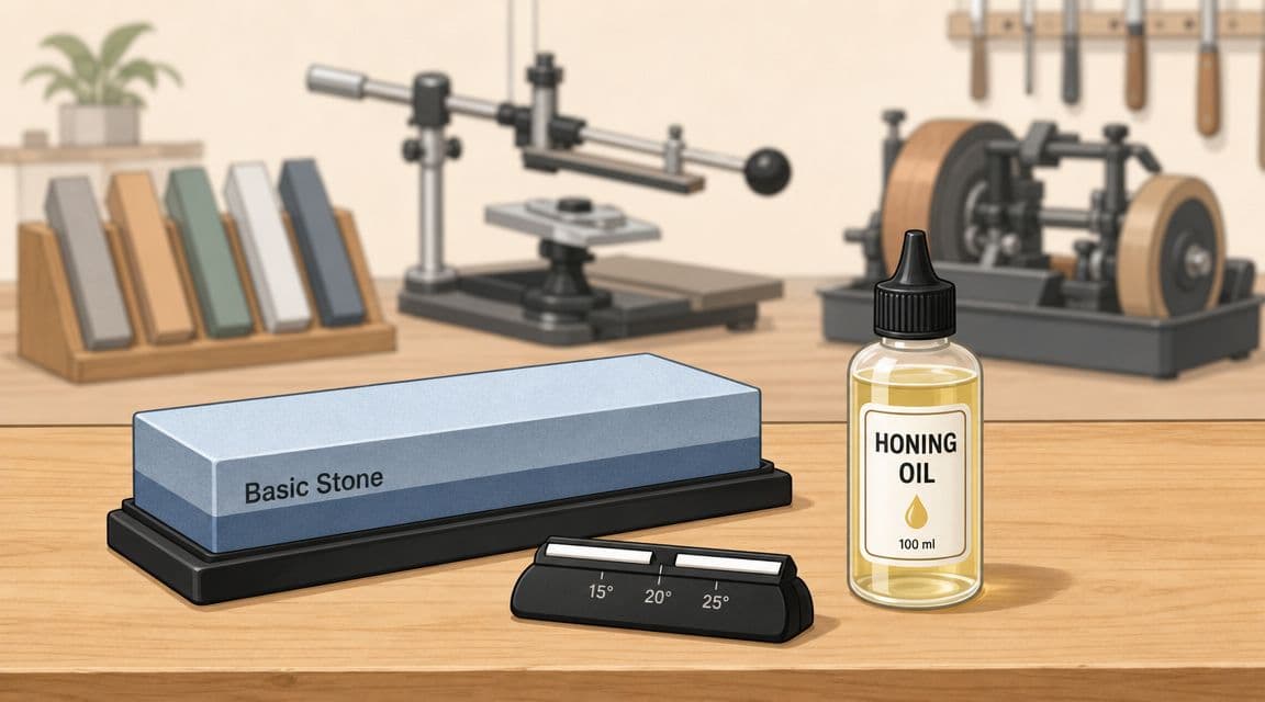 A professional knife sharpening station with whetstones, honing oil, and angle guides on a wooden desk.