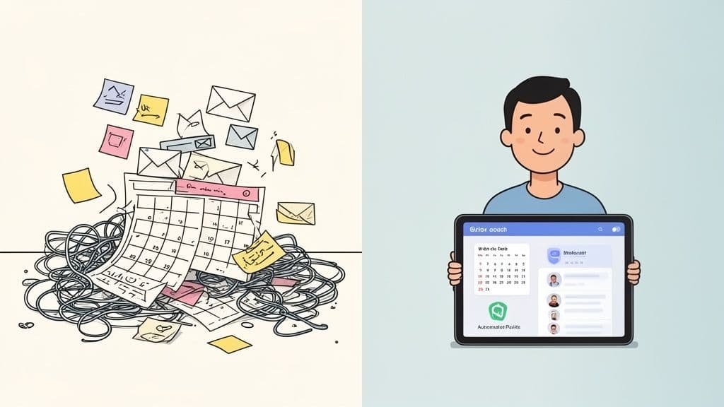 Illustration contrasting a messy physical workspace with a clean, efficient digital platform for coaching.