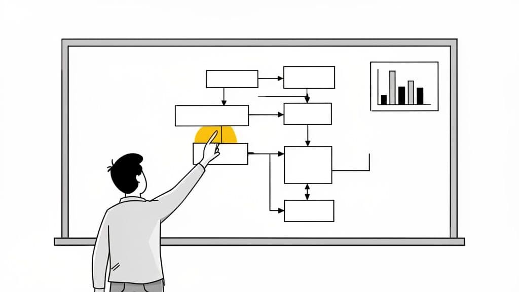 A person pointing at a flowchart on a whiteboard, explaining a process or concept.