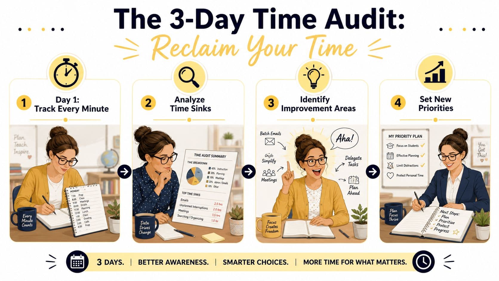 A four-step infographic illustrating a time management audit process for teachers to reclaim their productive time.