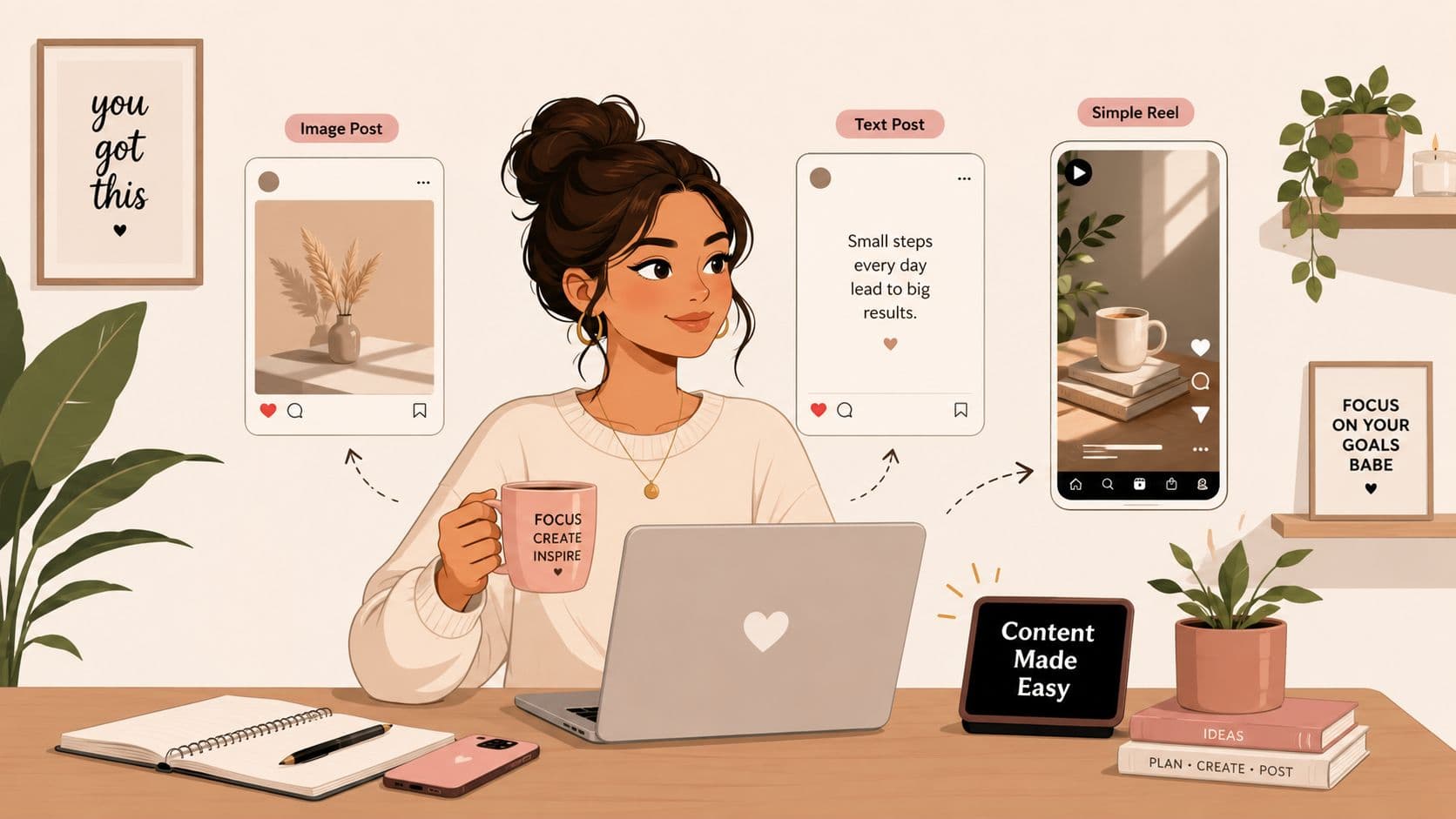 A woman working at her desk creating social media content like images, text posts, and reels.