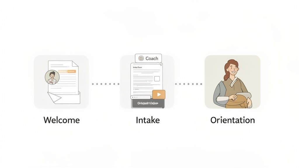 Three-step onboarding process showing welcome documents, an intake form with a coach, and an orientation figure.