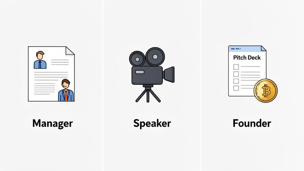 Illustrations of professional roles: manager with a resume, speaker with a camera, and founder with a pitch deck and Bitcoin.