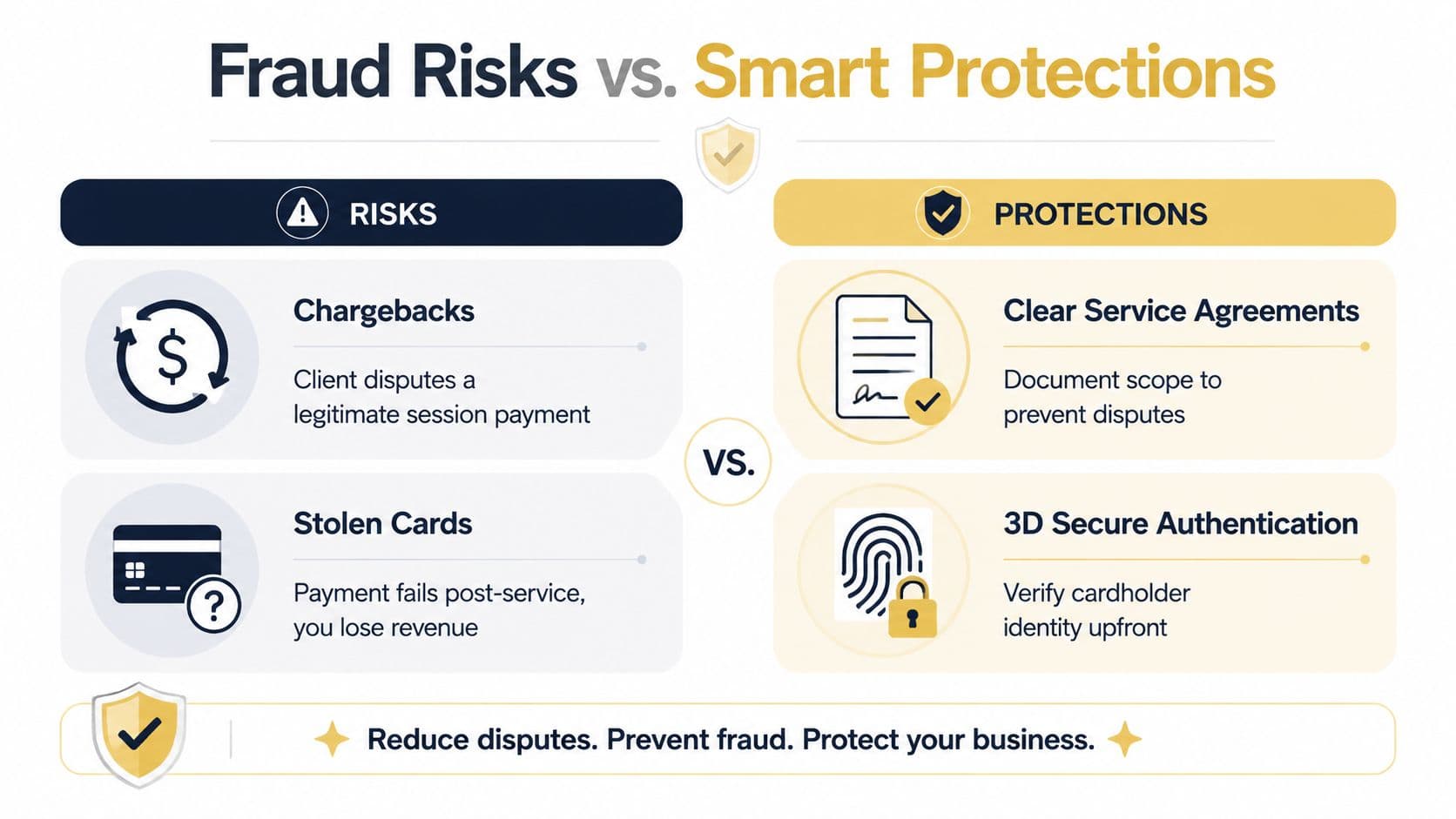 An infographic showing a comparison between payment fraud risks and smart business protection strategies.
