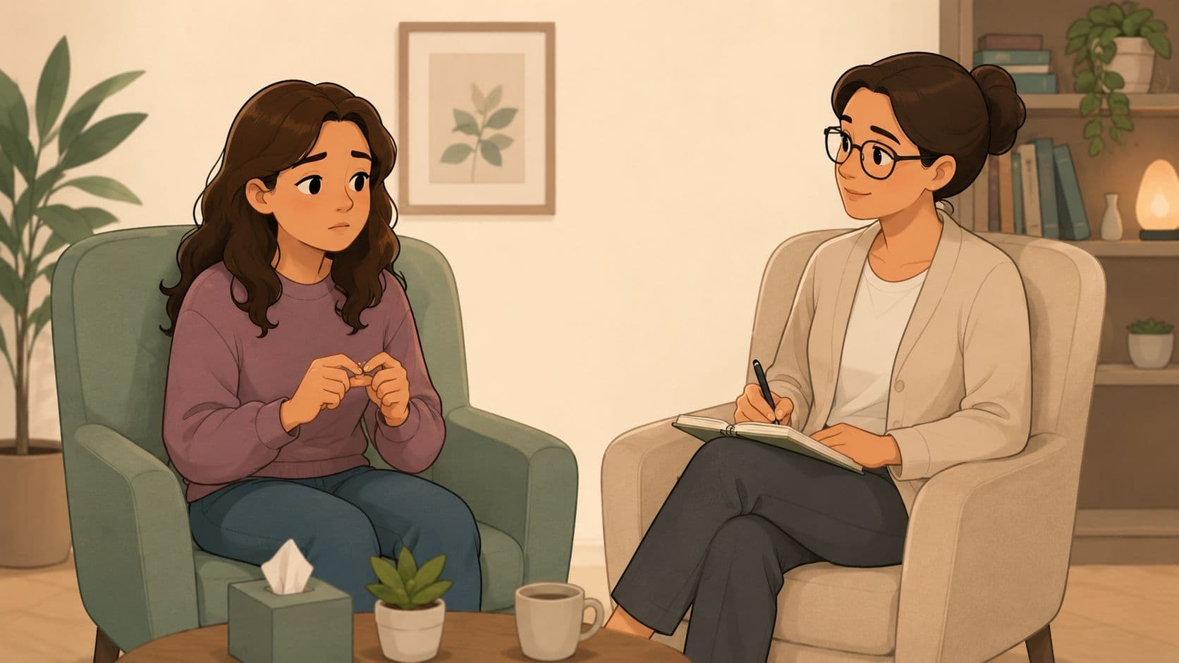 A young woman sitting in a therapy session talking to a professional coach in a cozy office.