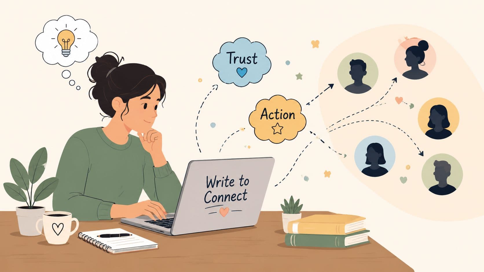 A woman working on a laptop with illustrations representing brainstorming, trust, action, and connecting with an online audience.