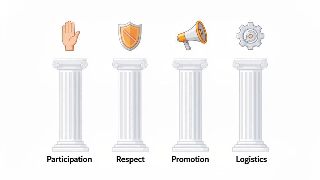 Four pillars illustrate the rules of the community: participation, respect, promotion, and logistics, each with a corresponding icon.