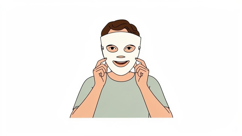 A cartoon illustration of a person applying a white face mask with their hands, smiling.