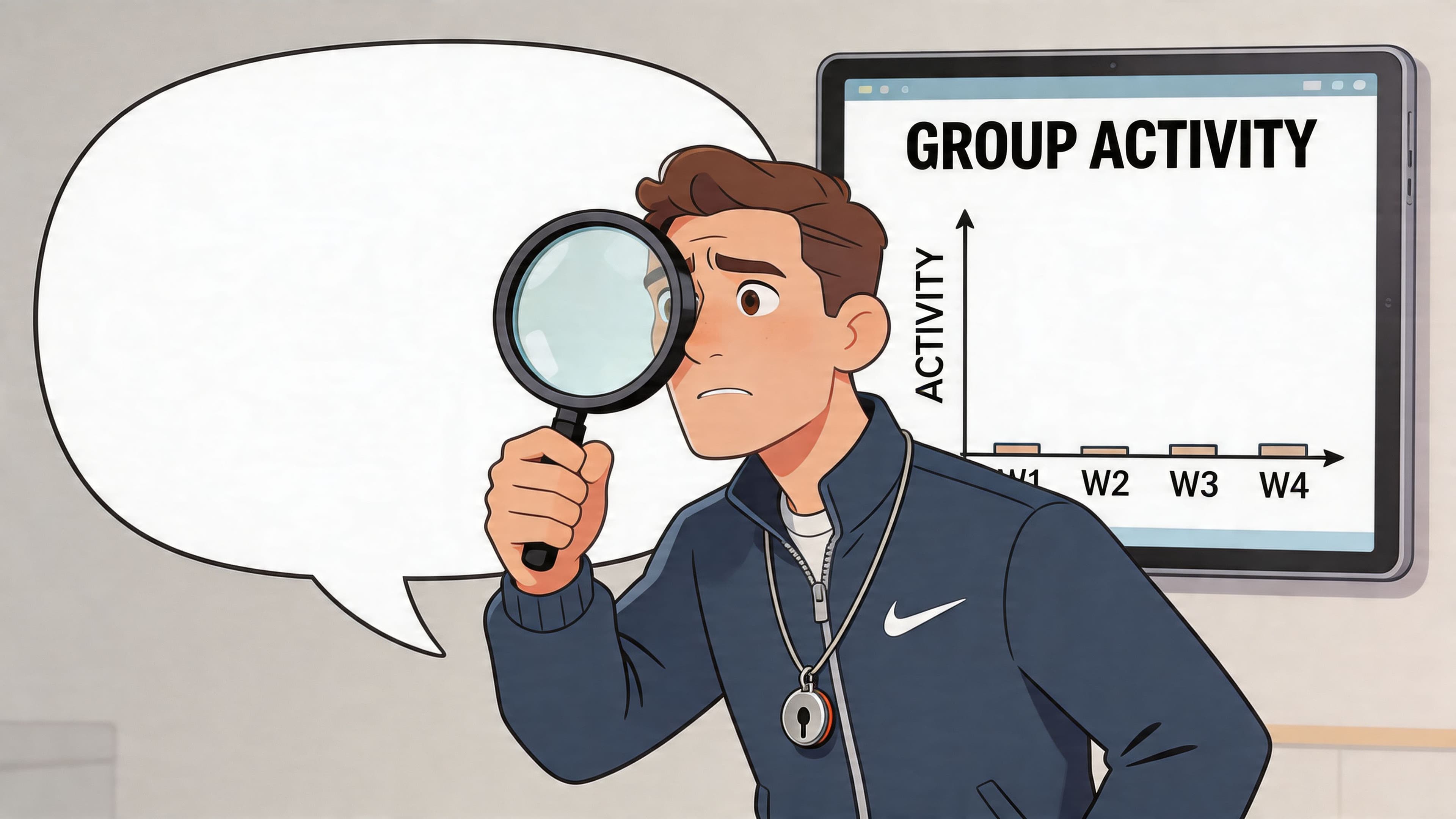 A worried man holding a magnifying glass while looking at a group activity chart on a screen.