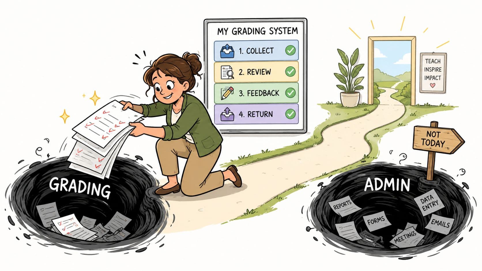 A teacher efficiently managing a grading system while avoiding the deep pit of administrative tasks.