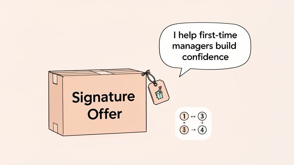 A brown box labeled 'Signature Offer' with a speech bubble saying 'I help first-time managers build confidence'.