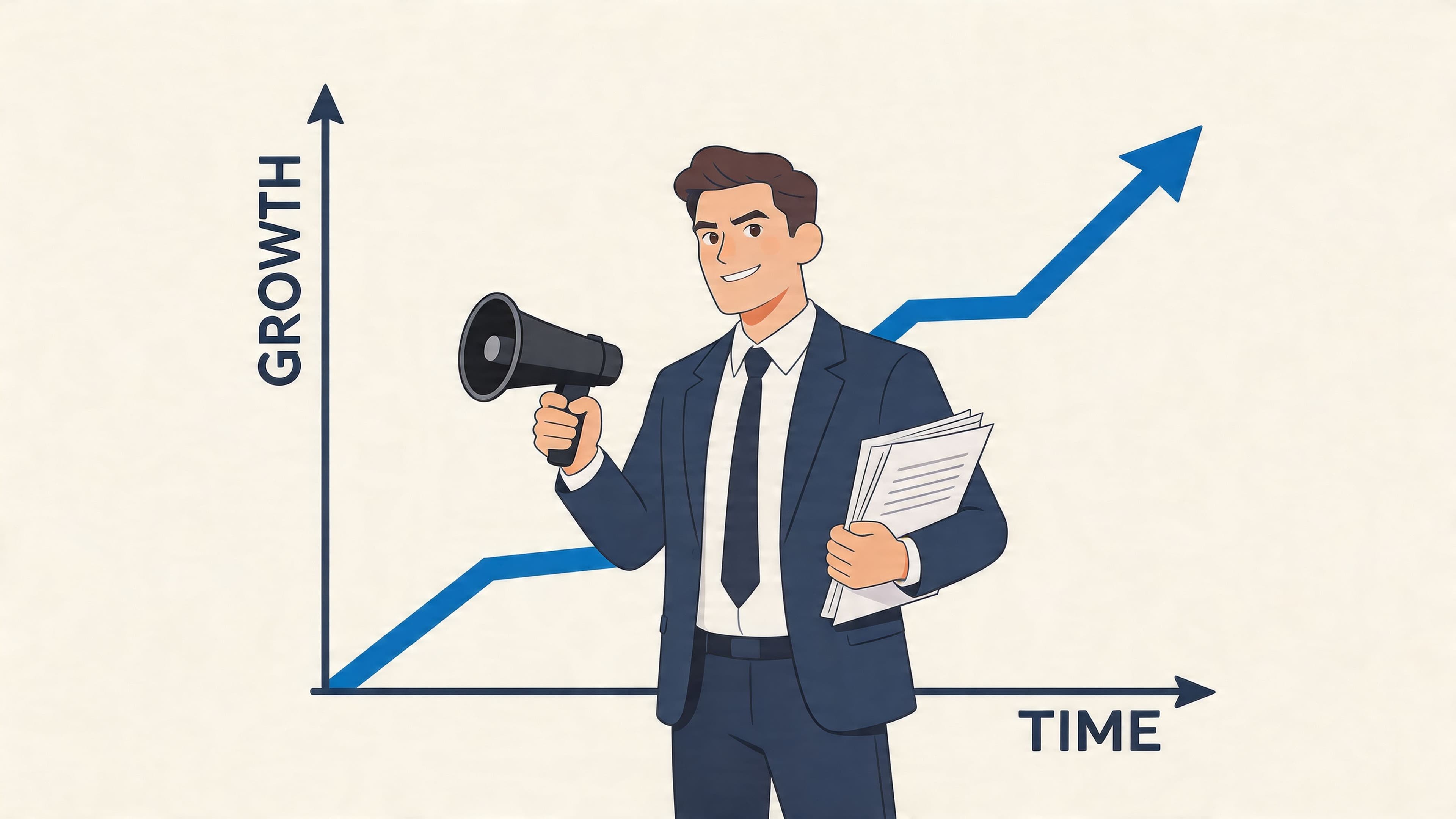 A professional businessman holding a megaphone and paperwork in front of a rising growth chart graph.