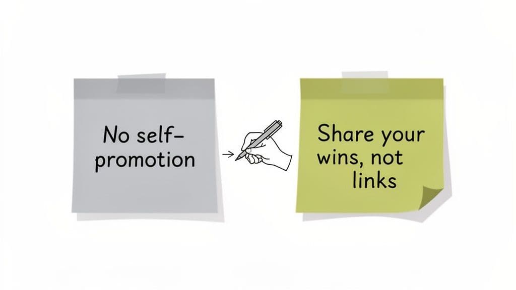 Two sticky notes illustrate community rules: 'No self-promotion' evolving to 'Share your wins, not links'.