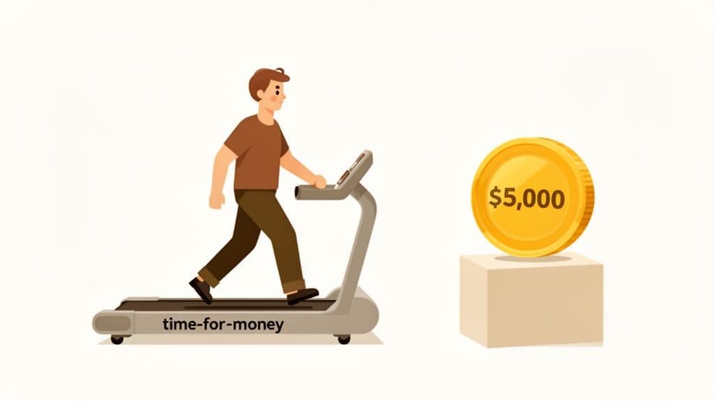 A man walks on a treadmill labeled 'time-for-money' while looking at a $5,000 coin.